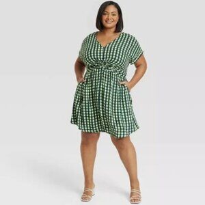 Green Plaid Twist Front Dress